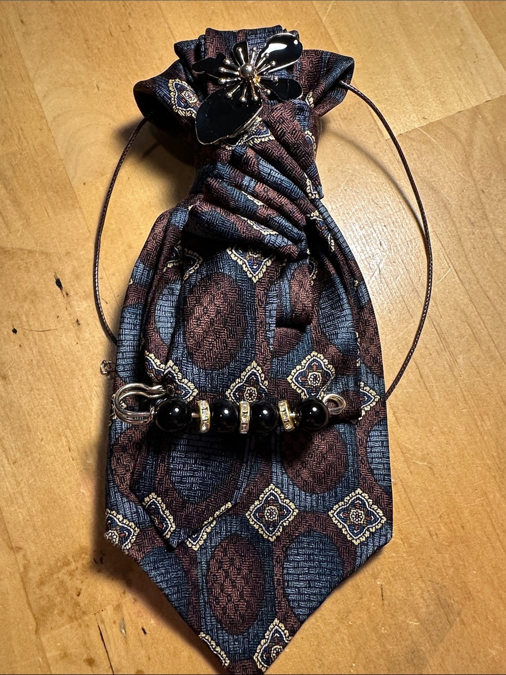 A Vintage Foxx & Hawkfield silk Necklace Tie with Black embellishments.
